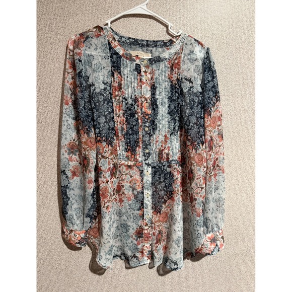 LOFT Tops - LOFT Womens Medium Floral Patchwork Pintuck Button Down Blouse Navy Coral White